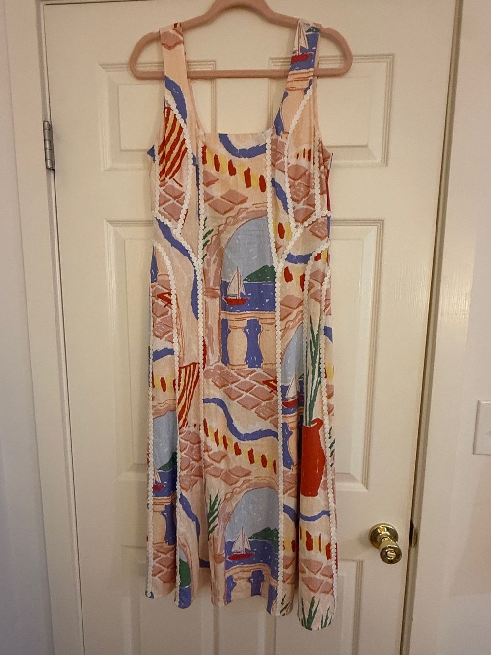 Christian Lacroix Scenic Sailboat Print Sleeveless Dress - Blue, Red, Cream